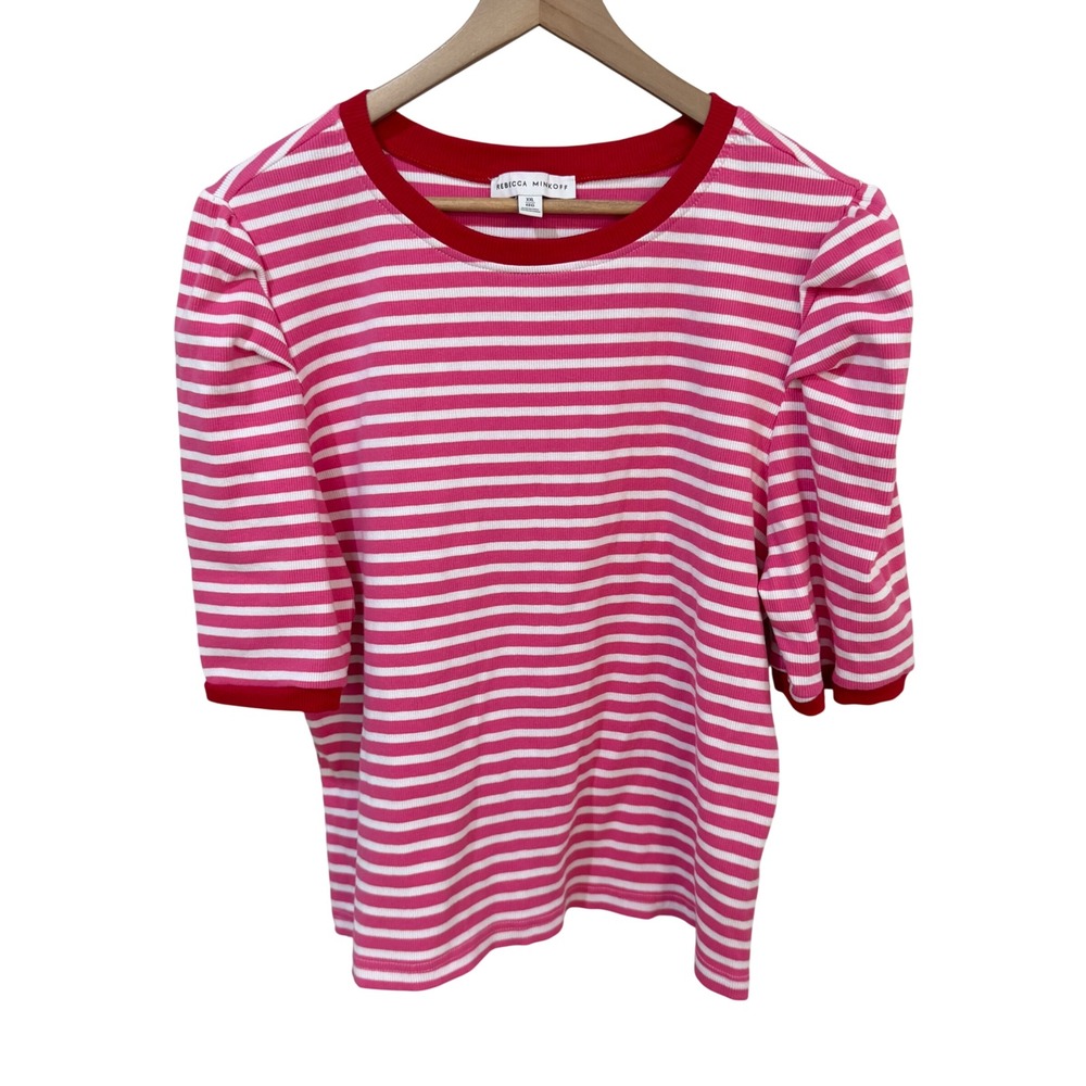 Rebecca Minkoff T-Shirt XXL Pink White Striped Puff Sleeve Ribbed Knit Top